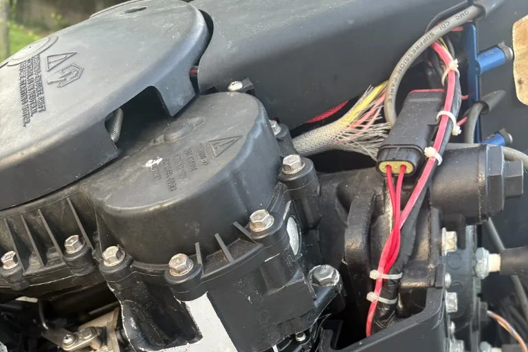 Outboard motor engine bay on a Key West center console