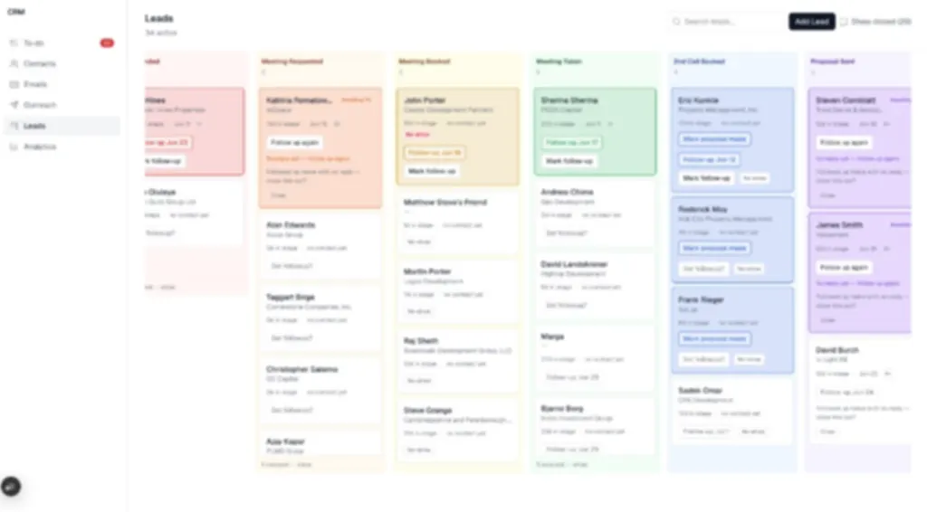 Blurred preview of a personal CRM kanban dashboard